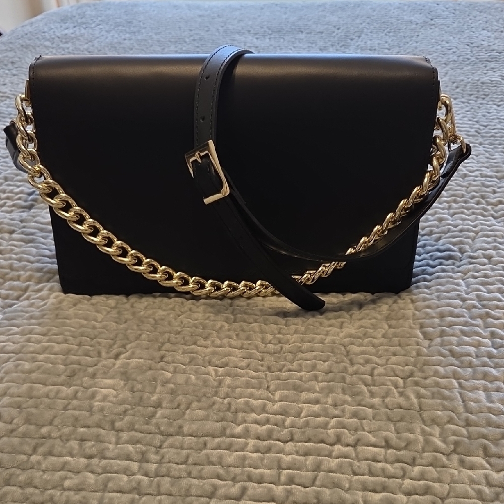 Classic Black Leather Crossbody Bag with Gold Chain